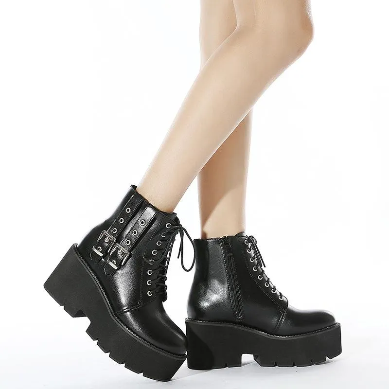 Women motorcycle platform lace up side zipper short black boots