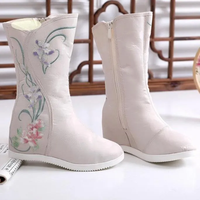 Women winter fashion embroidered flower faux fur mid calf boots