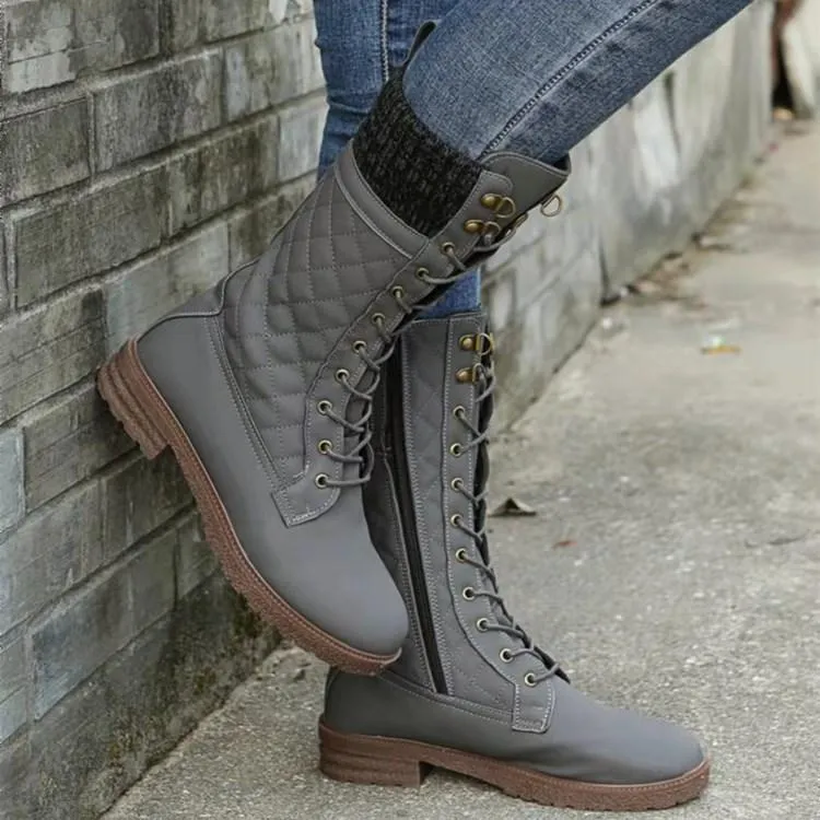 Women winter lace up side zipper medium chunky heel mid calf boots