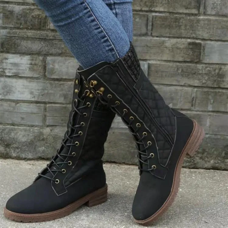 Women winter lace up side zipper medium chunky heel mid calf boots