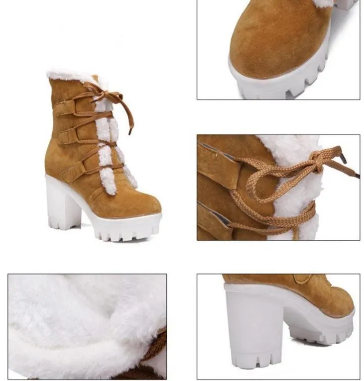 Women winter plush warm chunky heel platform short boots