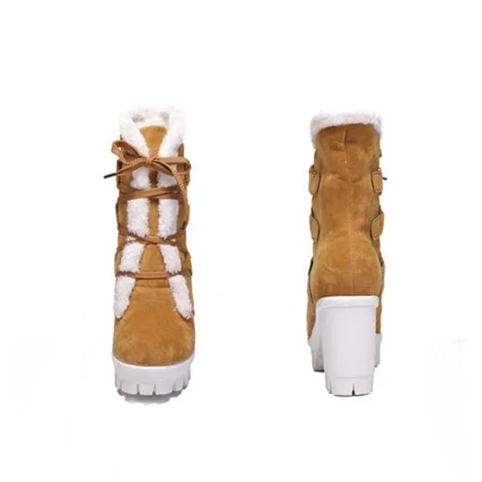 Women winter plush warm chunky heel platform short boots