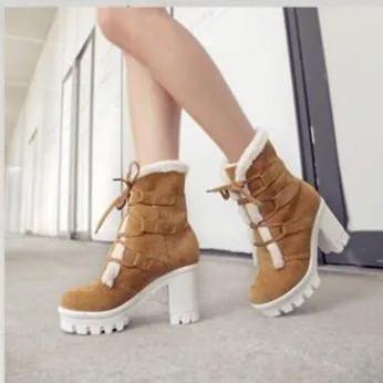 Women winter plush warm chunky heel platform short boots