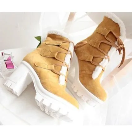 Women winter plush warm chunky heel platform short boots