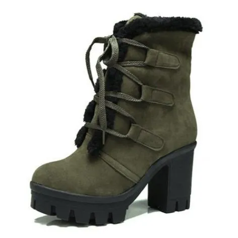 Women winter plush warm chunky heel platform short boots