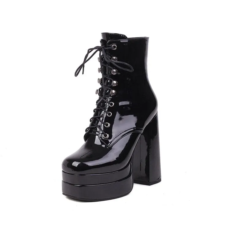 Women's Glossy Square Toe Tied Belts Chunky Heel Platform Short Boots