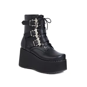 Women's Lace Up Buckle Straps Wedge Heel Platform Short Boots