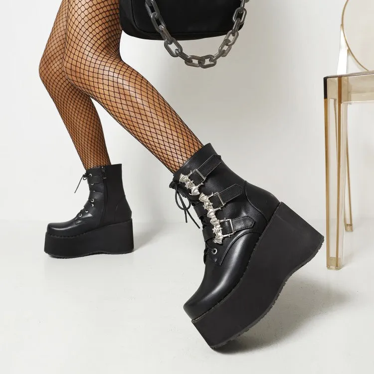 Women's Lace Up Buckle Straps Wedge Heel Platform Short Boots