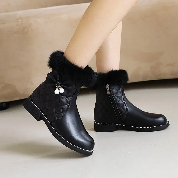 Women's Lattice Pu Leather Furry Pearls Bow Tie Short Boots