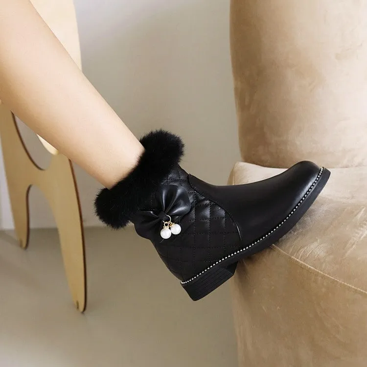 Women's Lattice Pu Leather Furry Pearls Bow Tie Short Boots