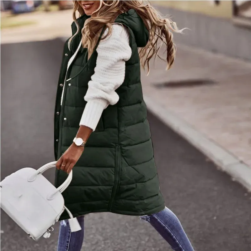 Women's Long Hooded Cotton Down Vest | Quilted Sleeveless Jacket | Warm Autumn/Winter Outwear (5XL)