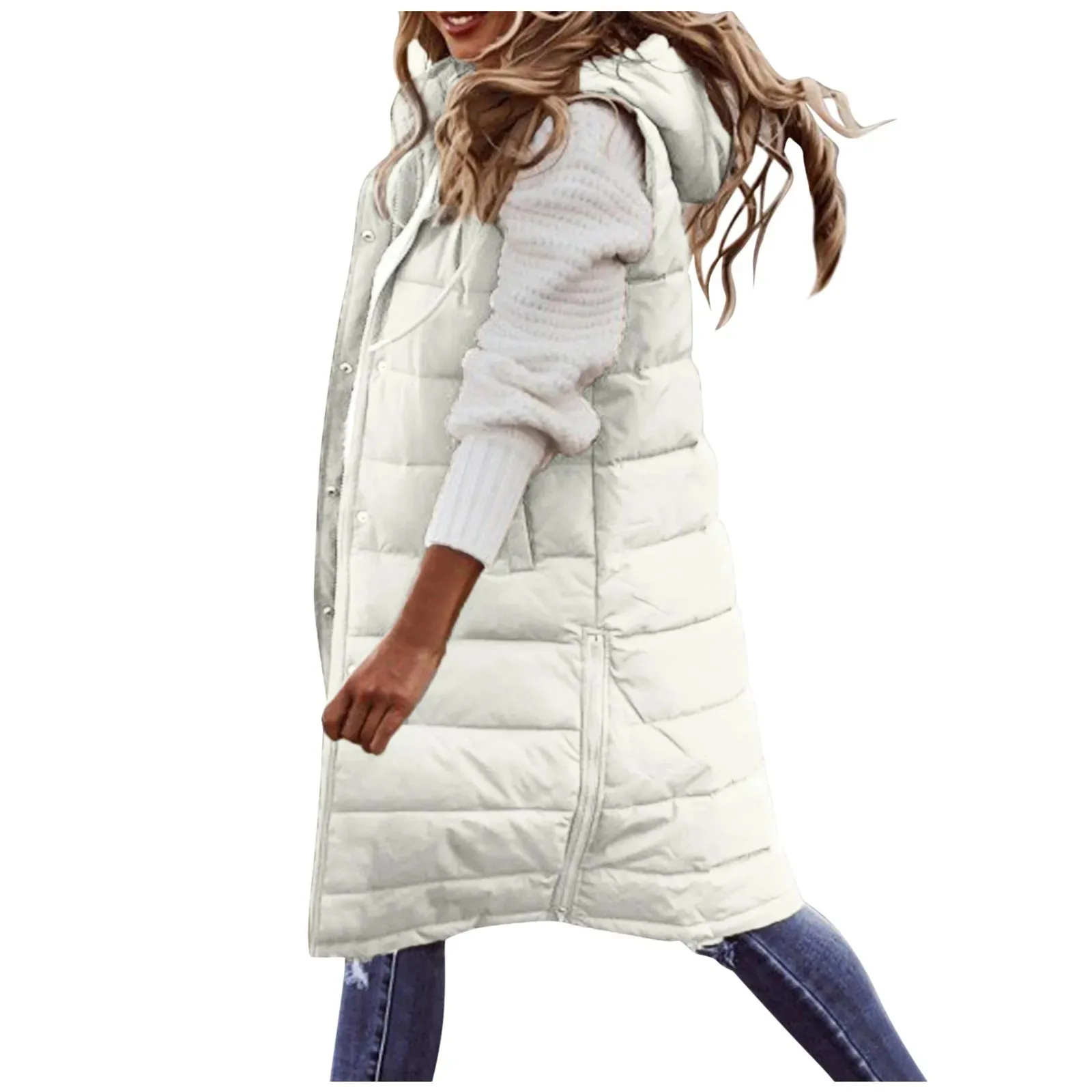 Women's Long Hooded Cotton Down Vest | Quilted Sleeveless Jacket | Warm Autumn/Winter Outwear (5XL)