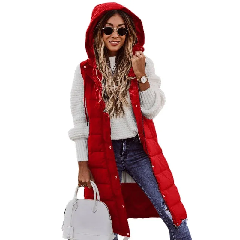 Women's Long Hooded Cotton Down Vest | Quilted Sleeveless Jacket | Warm Autumn/Winter Outwear (5XL)