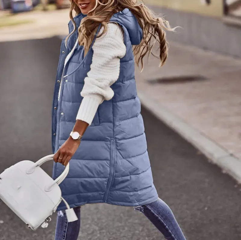 Women's Long Hooded Cotton Down Vest | Quilted Sleeveless Jacket | Warm Autumn/Winter Outwear (5XL)