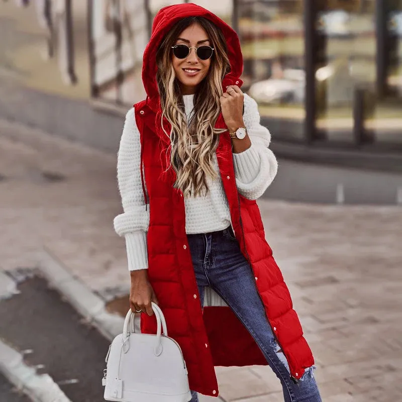 Women's Long Hooded Cotton Down Vest | Quilted Sleeveless Jacket | Warm Autumn/Winter Outwear (5XL)