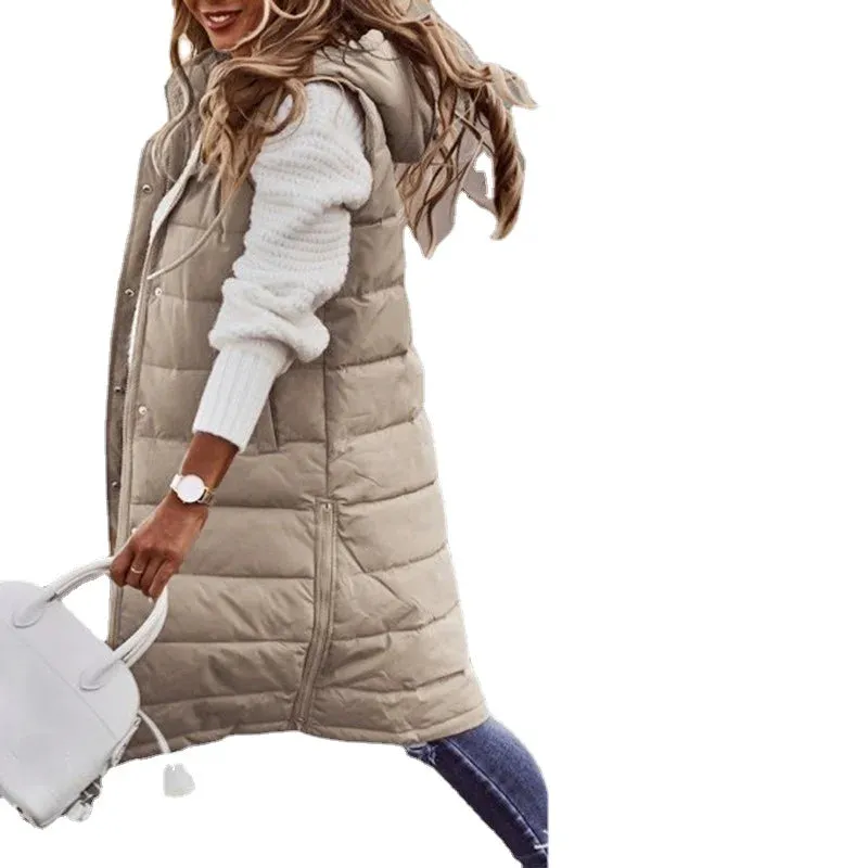 Women's Long Hooded Cotton Down Vest | Quilted Sleeveless Jacket | Warm Autumn/Winter Outwear (5XL)