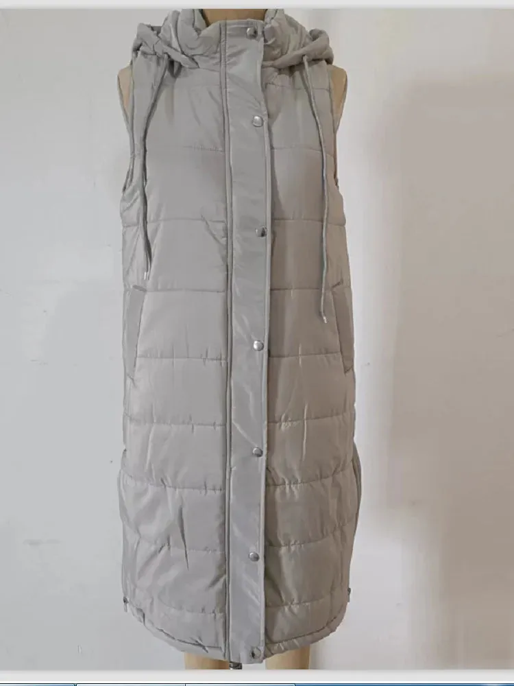 Women's Long Hooded Cotton Down Vest | Quilted Sleeveless Jacket | Warm Autumn/Winter Outwear (5XL)