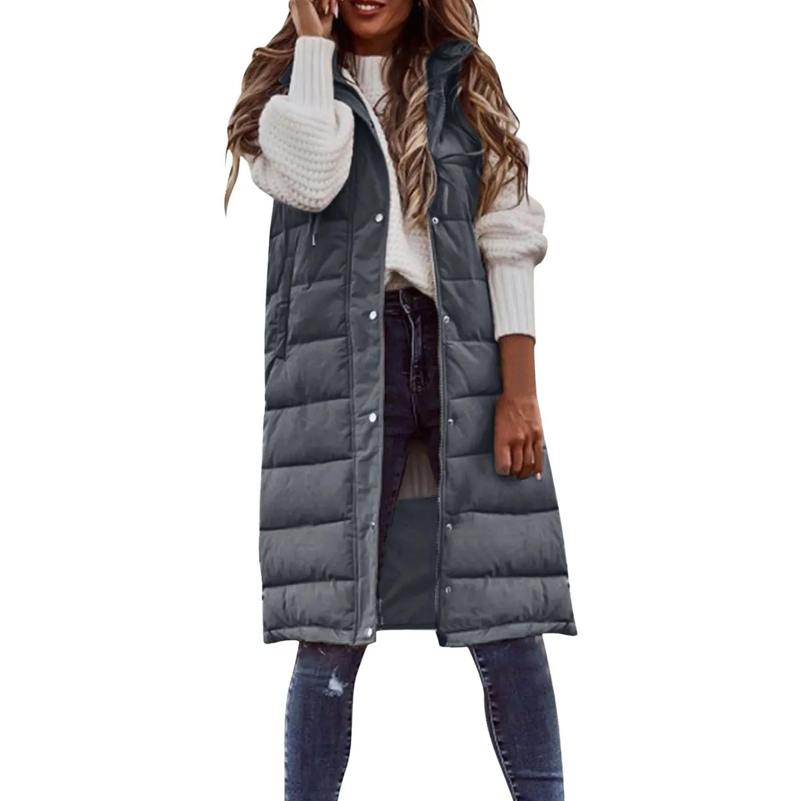 Women's Long Hooded Cotton Down Vest | Quilted Sleeveless Jacket | Warm Autumn/Winter Outwear (5XL)