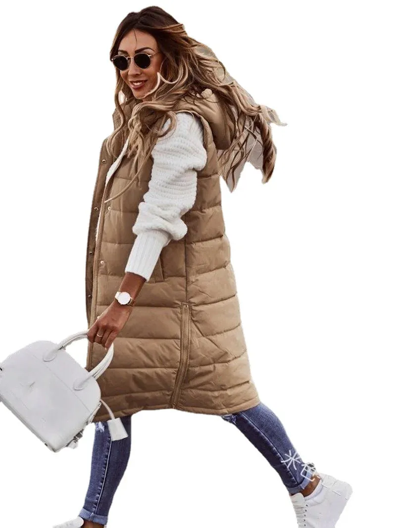 Women's Long Hooded Cotton Down Vest | Quilted Sleeveless Jacket | Warm Autumn/Winter Outwear (5XL)