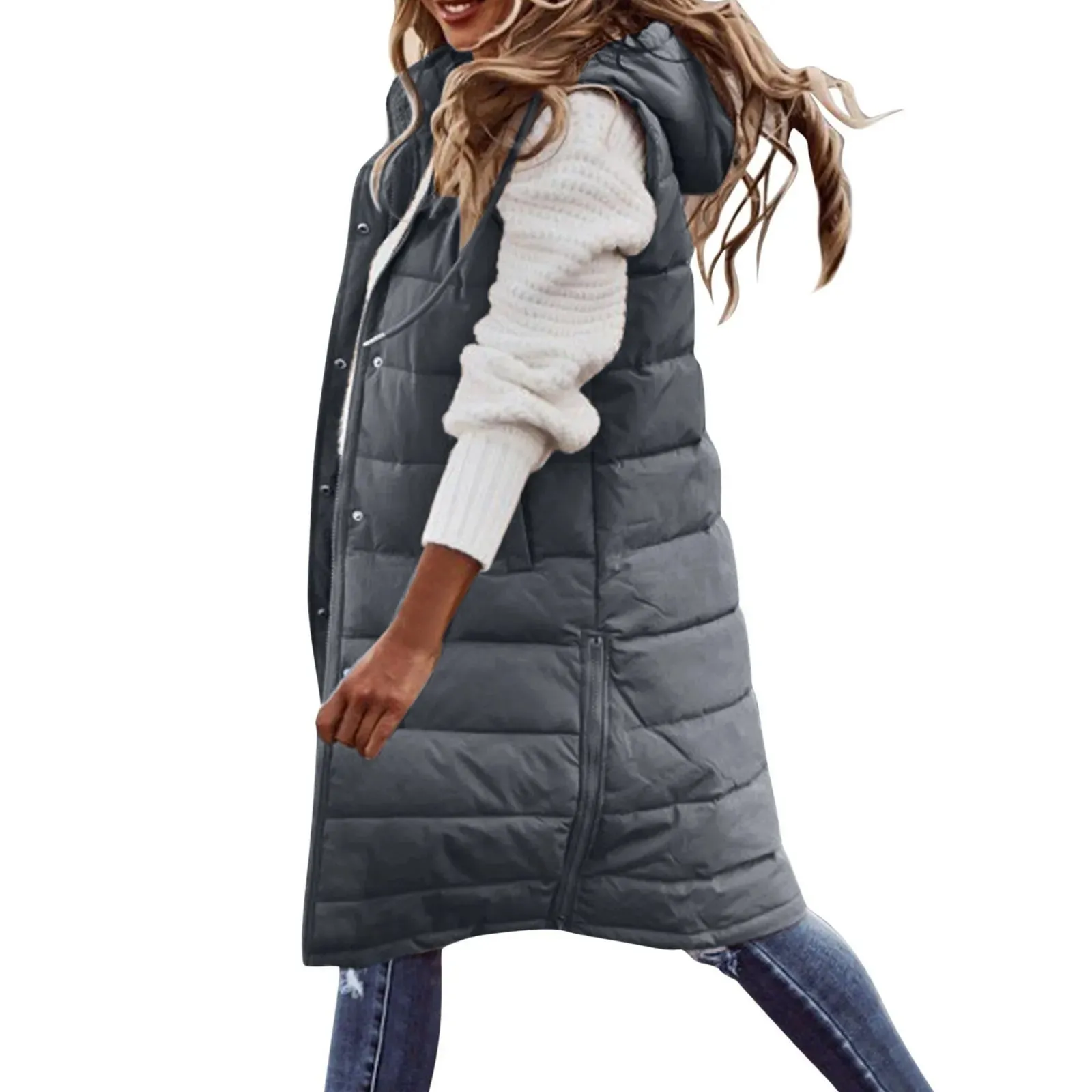 Women's Long Hooded Cotton Down Vest | Quilted Sleeveless Jacket | Warm Autumn/Winter Outwear (5XL)