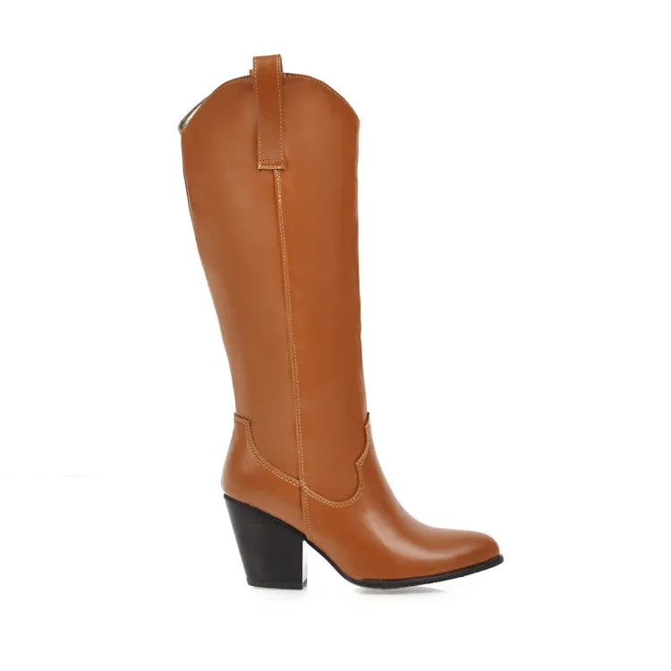 Women's Pu Leather Pointed Toe Block Heel Knee High Boots