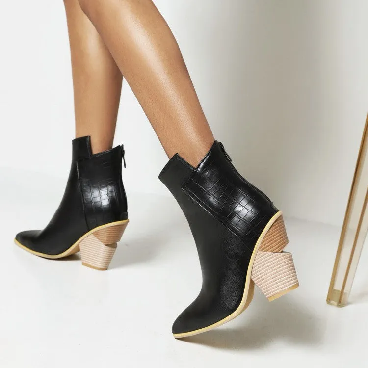 Women's Pu Leather Pointed Toe Block Heel Short Boots