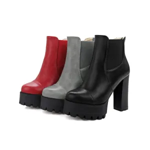 Women's Pu Leather Round Toe Back Zippers Block Chunky Heel Platform Ankle Boots