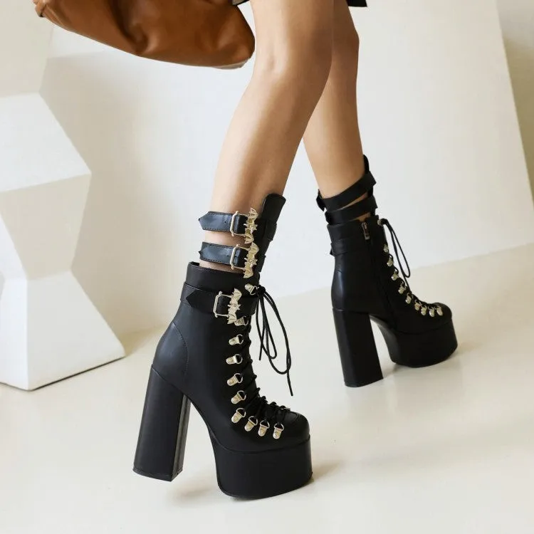 Women's Pu Leather Square Toe Rivets Lace Up Buckle Straps Block Chunky Heel Platform Ankle Boots