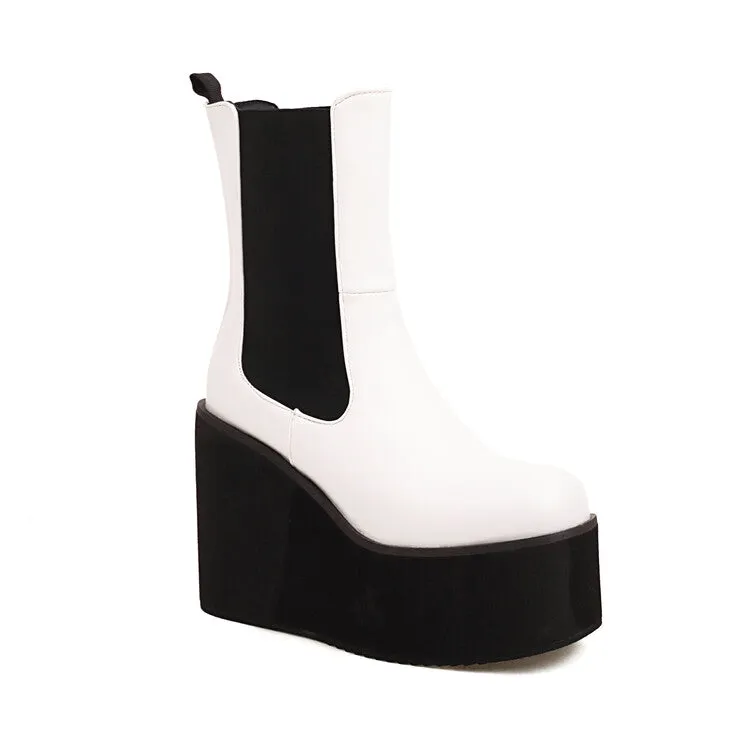 Women's Pu Leather Square Toe Stretch Wedge Heel Platform Short Boots