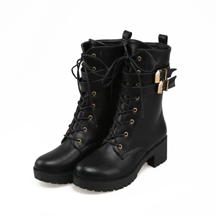 Women's Round Toe Lace Up Buckle Straps Block Chunky Heel Platform Short Boots