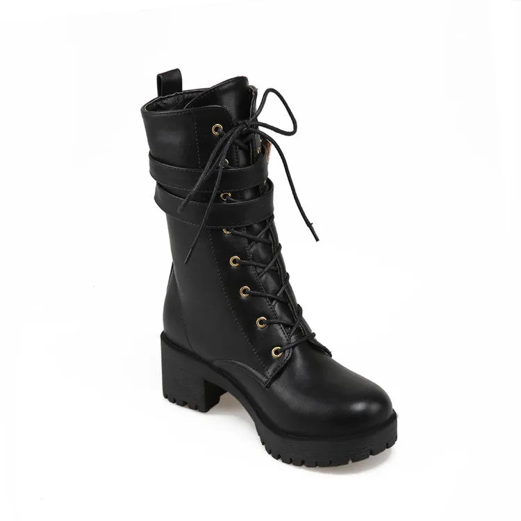 Women's Round Toe Lace Up Buckle Straps Block Chunky Heel Platform Short Boots