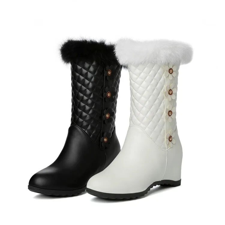 Women's Round Toe Lattice Fur Wedge Heel Inside Heighten Mid Calf Boots