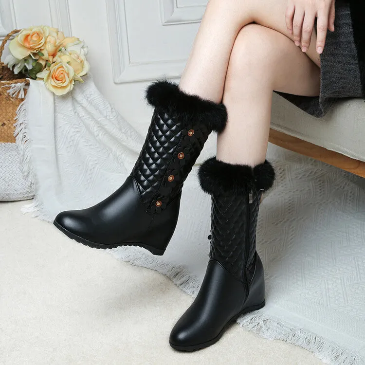 Women's Round Toe Lattice Fur Wedge Heel Inside Heighten Mid Calf Boots