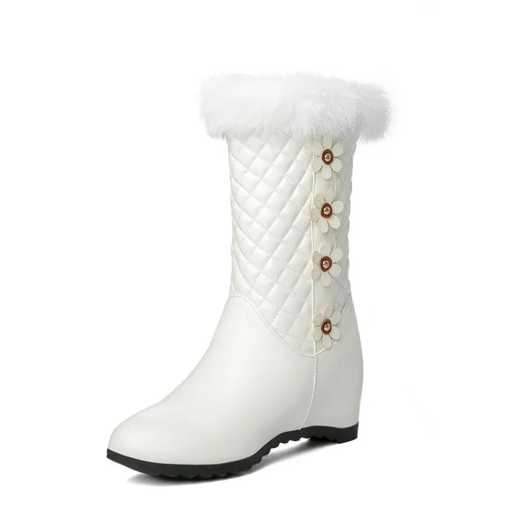 Women's Round Toe Lattice Fur Wedge Heel Inside Heighten Mid Calf Boots