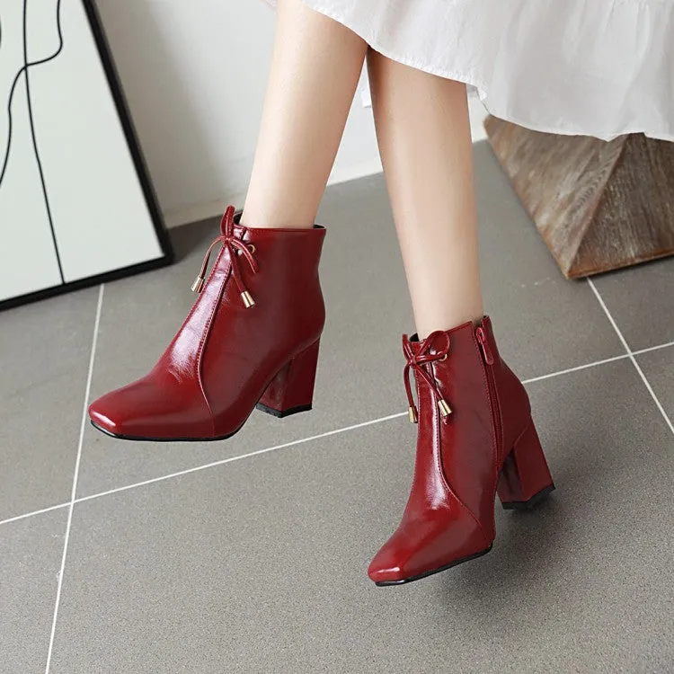 Women's Square Toe Tied Knot Block Heel Short Boots