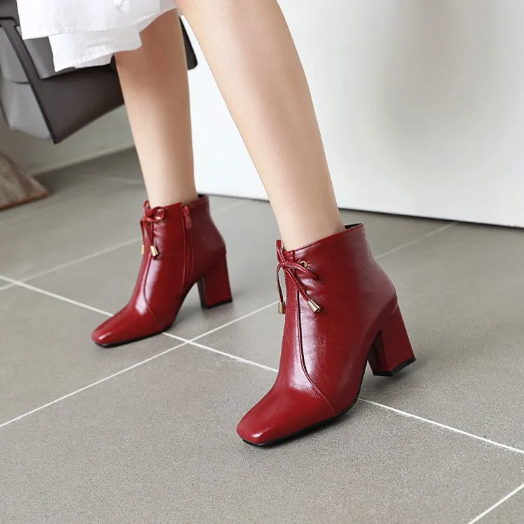 Women's Square Toe Tied Knot Block Heel Short Boots