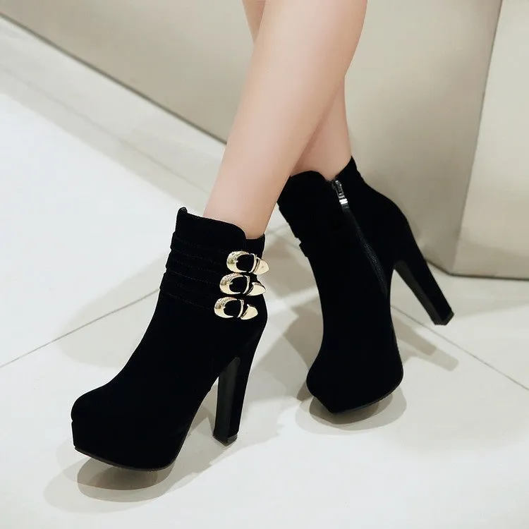 Women's Suede Round Toe Belts Buckles Chunky Heel Platform Short Boots