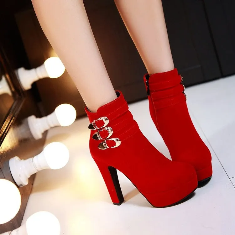 Women's Suede Round Toe Belts Buckles Chunky Heel Platform Short Boots