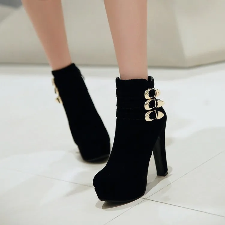 Women's Suede Round Toe Belts Buckles Chunky Heel Platform Short Boots