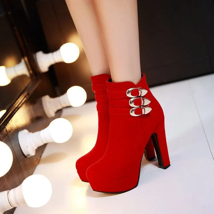 Women's Suede Round Toe Belts Buckles Chunky Heel Platform Short Boots