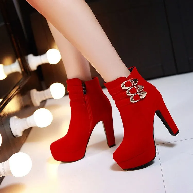 Women's Suede Round Toe Belts Buckles Chunky Heel Platform Short Boots