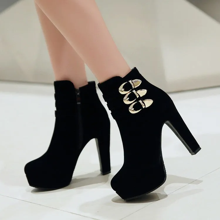 Women's Suede Round Toe Belts Buckles Chunky Heel Platform Short Boots