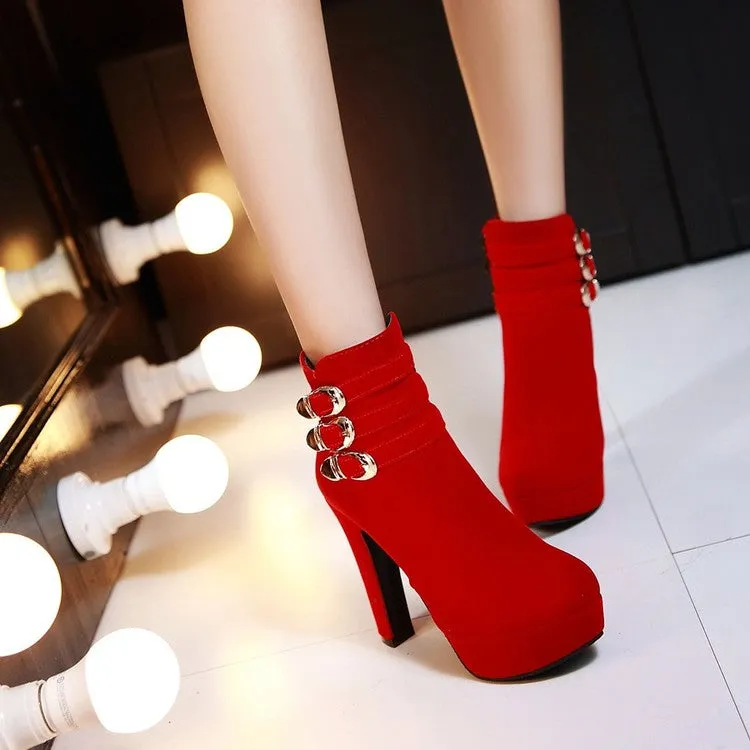 Women's Suede Round Toe Belts Buckles Chunky Heel Platform Short Boots