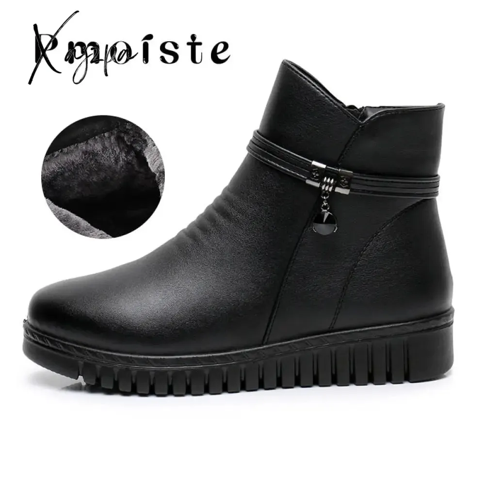 Xajzpa - Woman Ankle boots Warm Plush Wedge Boots for women Casual shoes Non-slip Waterproof Leather Boots women Zipper Female boots