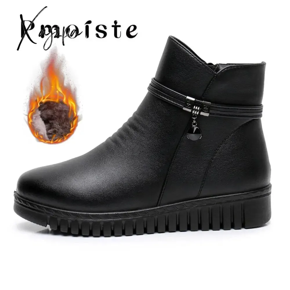 Xajzpa - Woman Ankle boots Warm Plush Wedge Boots for women Casual shoes Non-slip Waterproof Leather Boots women Zipper Female boots