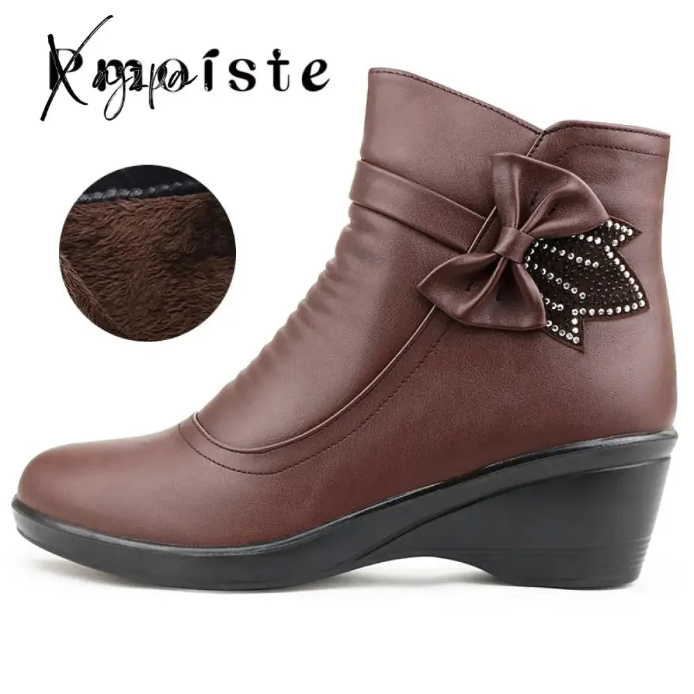 Xajzpa - Woman Ankle boots Warm Plush Wedge Boots for women Casual shoes Non-slip Waterproof Leather Boots women Zipper Female boots