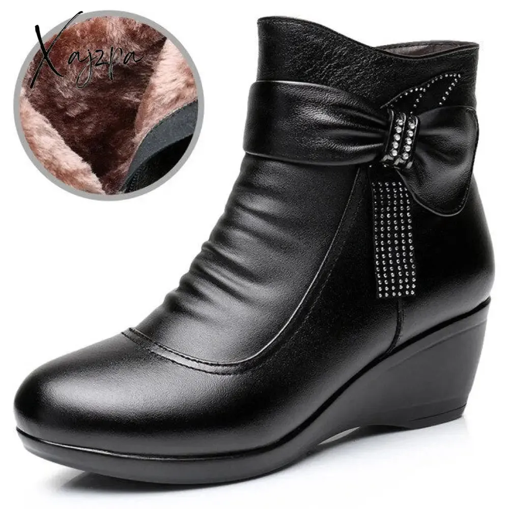 Xajzpa - Woman Ankle boots Warm Plush Wedge Boots for women Casual shoes Non-slip Waterproof Leather Boots women Zipper Female boots