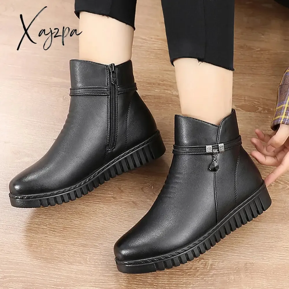 Xajzpa - Woman Ankle boots Warm Plush Wedge Boots for women Casual shoes Non-slip Waterproof Leather Boots women Zipper Female boots