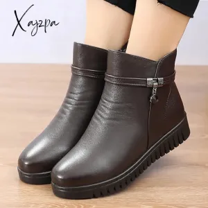 Xajzpa - Woman Ankle boots Warm Plush Wedge Boots for women Casual shoes Non-slip Waterproof Leather Boots women Zipper Female boots