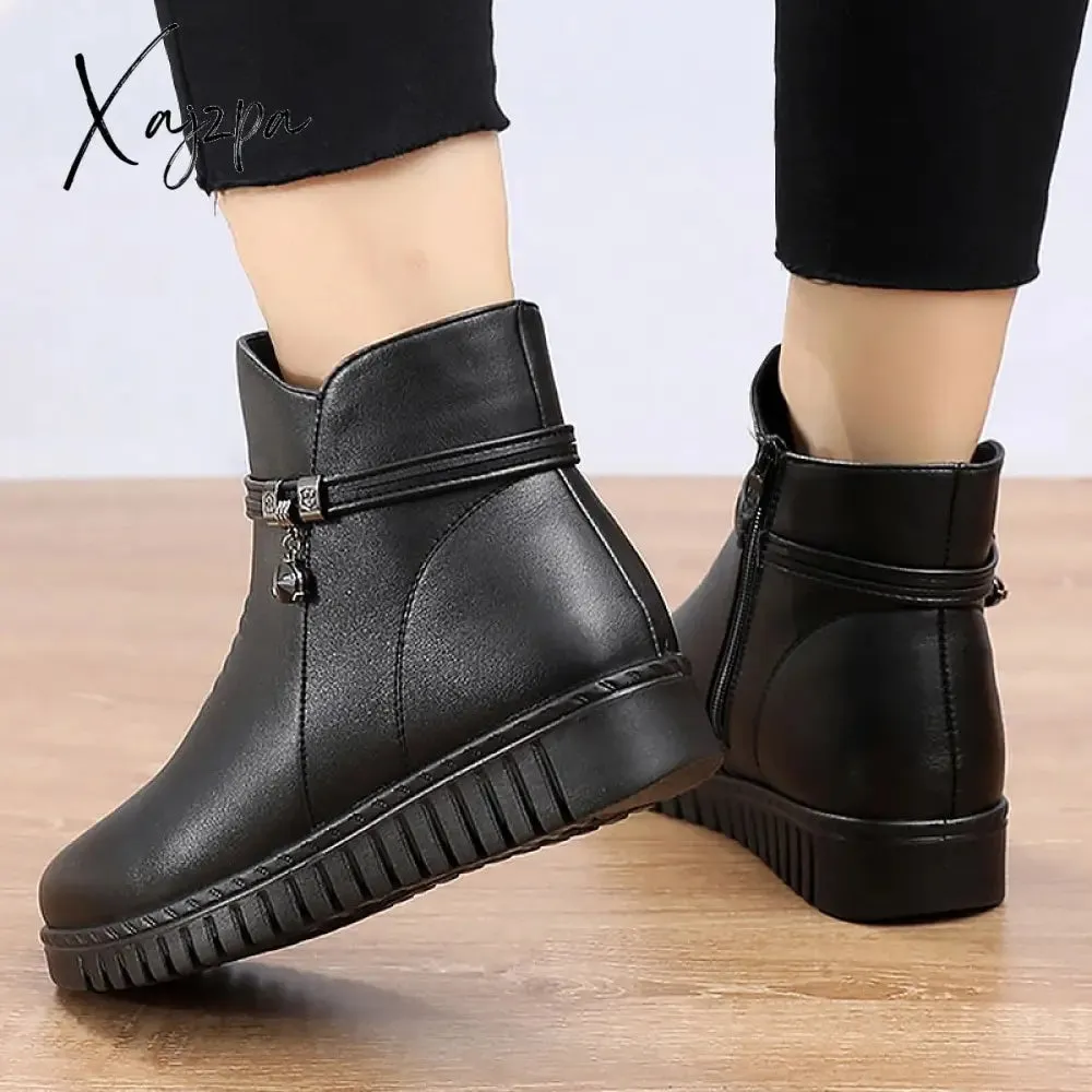 Xajzpa - Woman Ankle boots Warm Plush Wedge Boots for women Casual shoes Non-slip Waterproof Leather Boots women Zipper Female boots